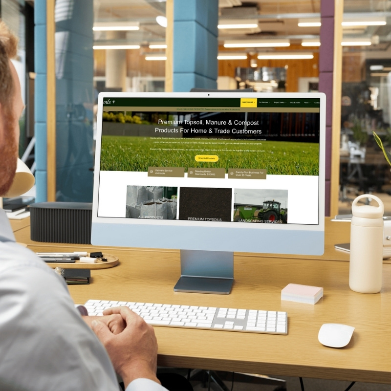 Computer screen mockup presenting the Alsoils website layout.