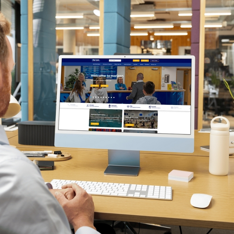 Computer screen mockup presenting the Horizon Leisure website layout.
