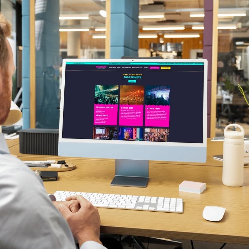 Computer screen mockup displaying the Radar Festival website homepage.