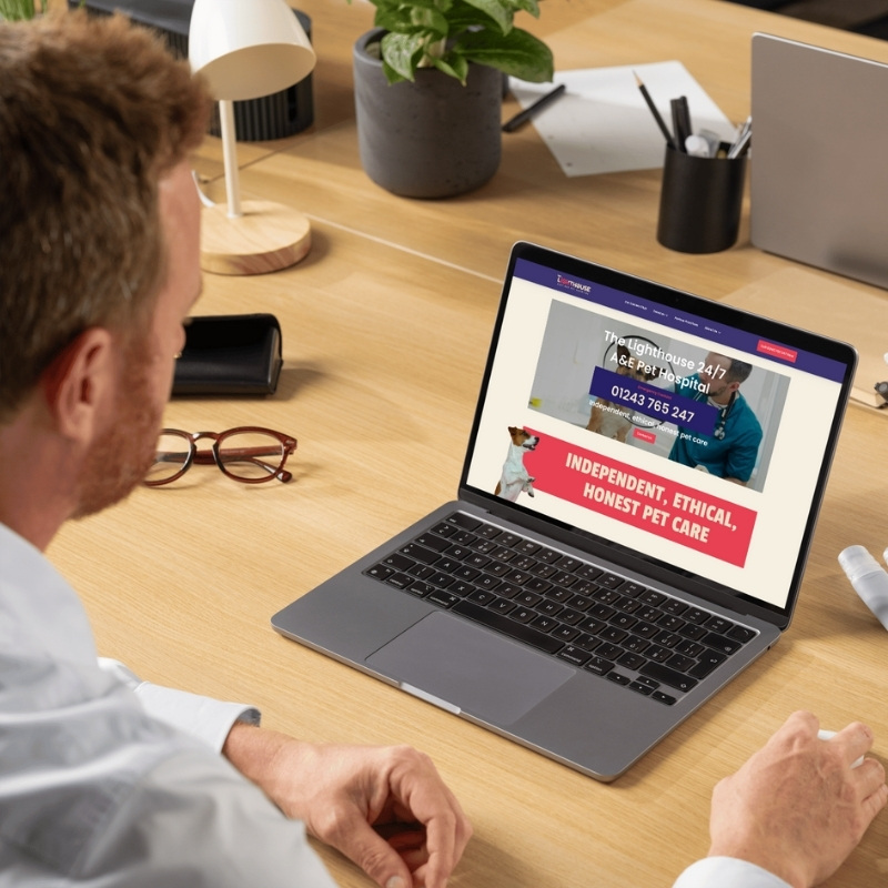 Laptop mockup presenting the Lighthouse Vets website homepage.