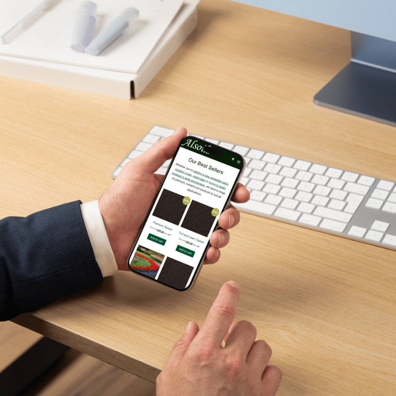 Mobile phone mockup showing the Alsoils website homepage.