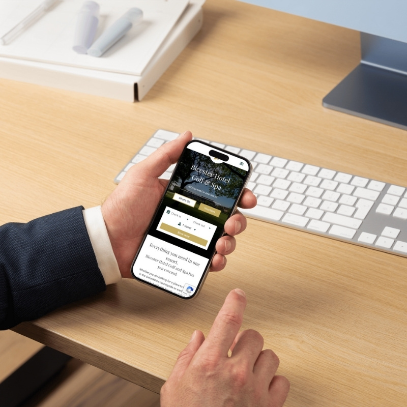 Mobile phone mockup displaying the Bicester Hotel Golf & Spa website homepage.