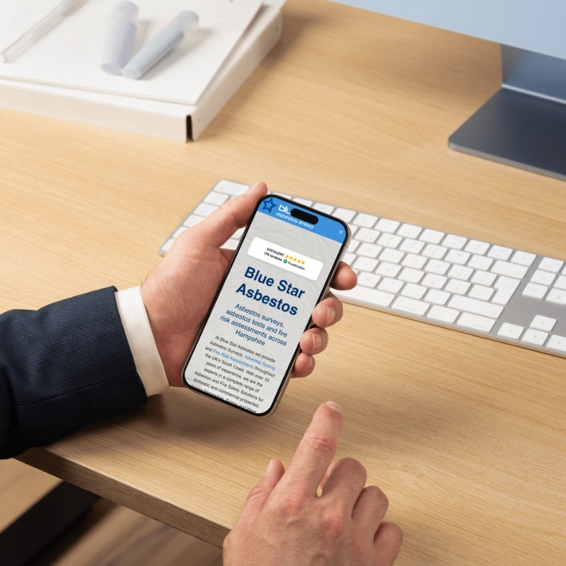 Mobile phone mockup displaying the Blue Star Asbestos website homepage.