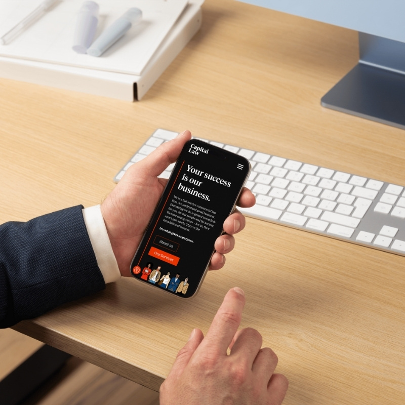 Mobile phone mockup displaying the Capital Law website homepage.