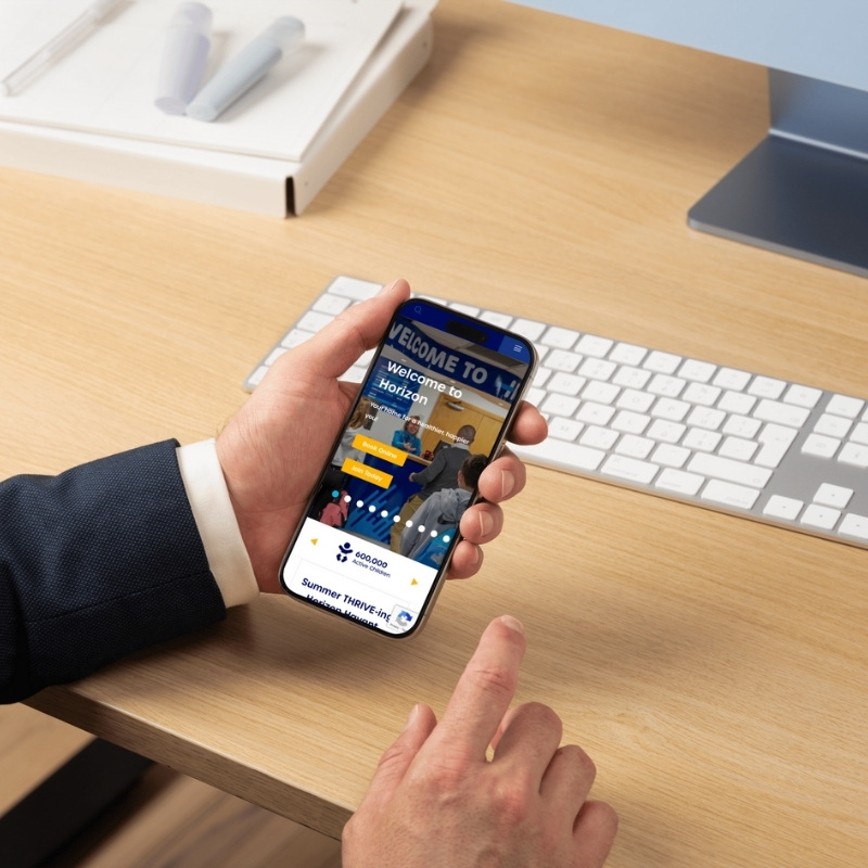 Mobile phone mockup displaying the Horizon Leisure website homepage.