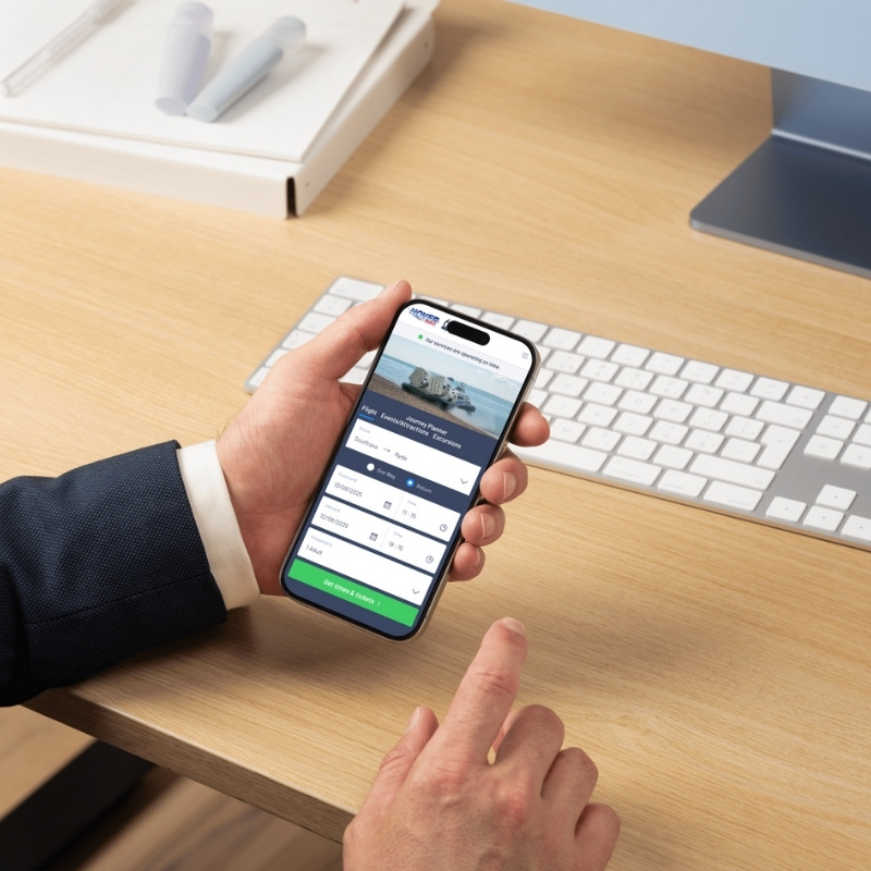 Mobile phone mockup displaying the Hovertravel website homepage.