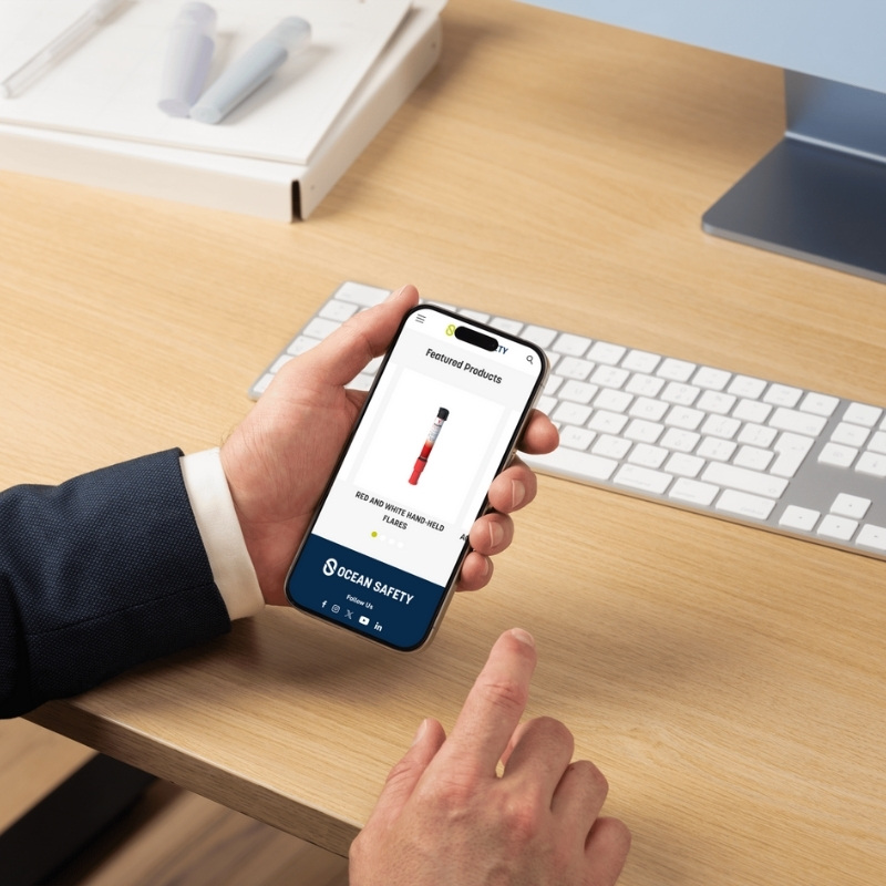 Mobile phone mockup displaying the Ocean Safety website homepage.