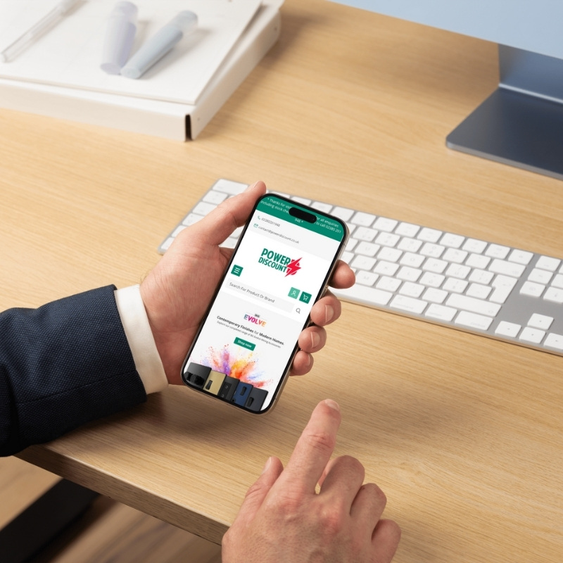 Mobile phone mockup displaying the Power Discount website homepage.