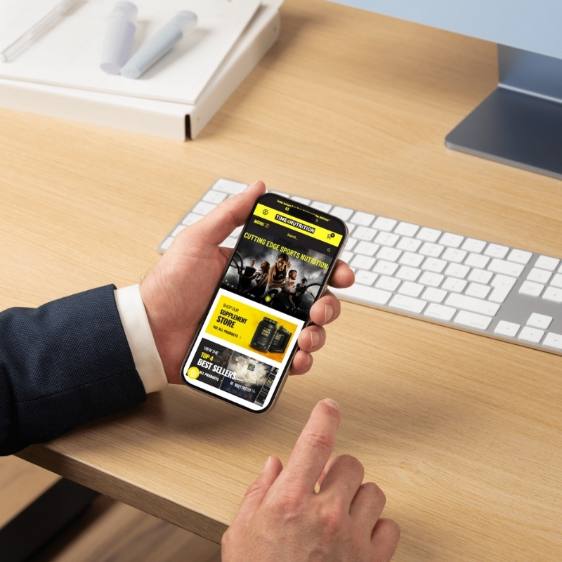 Mobile phone mockup displaying the Time4Nutrition website homepage.