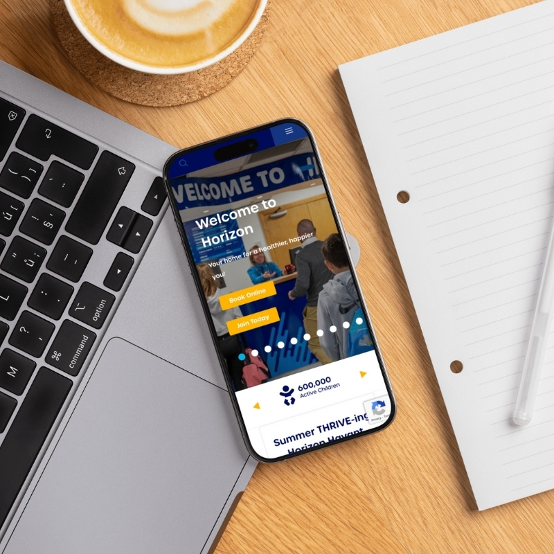 Smartphone screen mockup showing the Horizon Leisure website design.