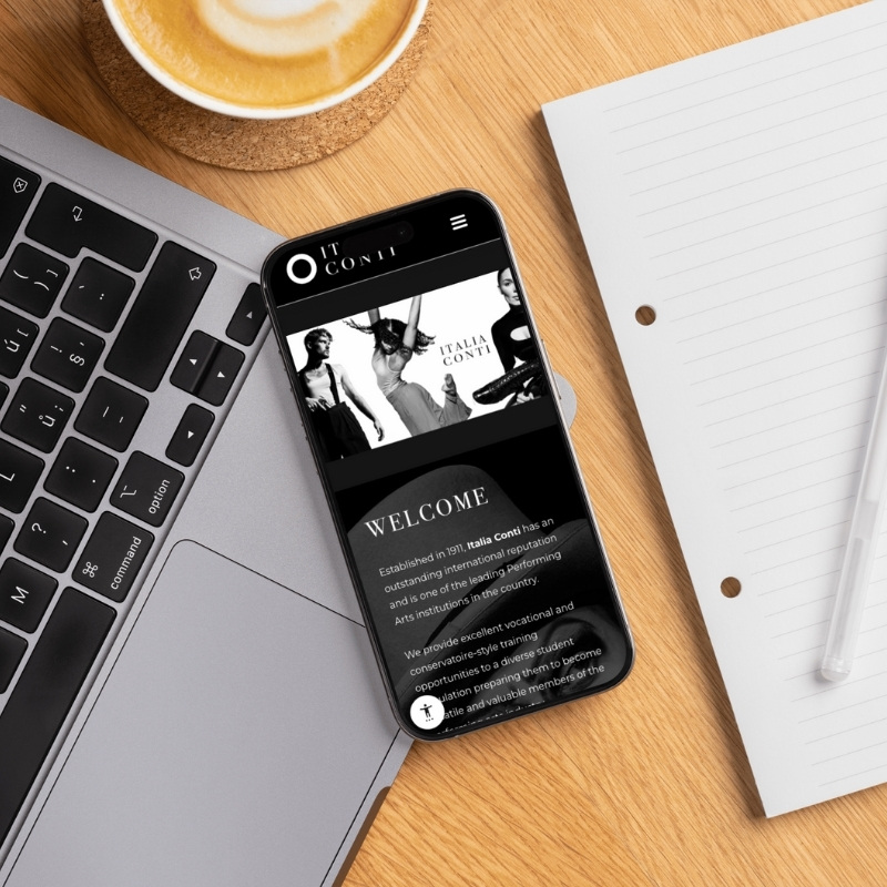 Smartphone screen mockup showing the Italia Conti website design.