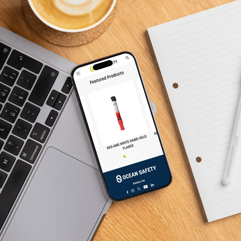 Smartphone screen mockup showing the Ocean Safety website design.