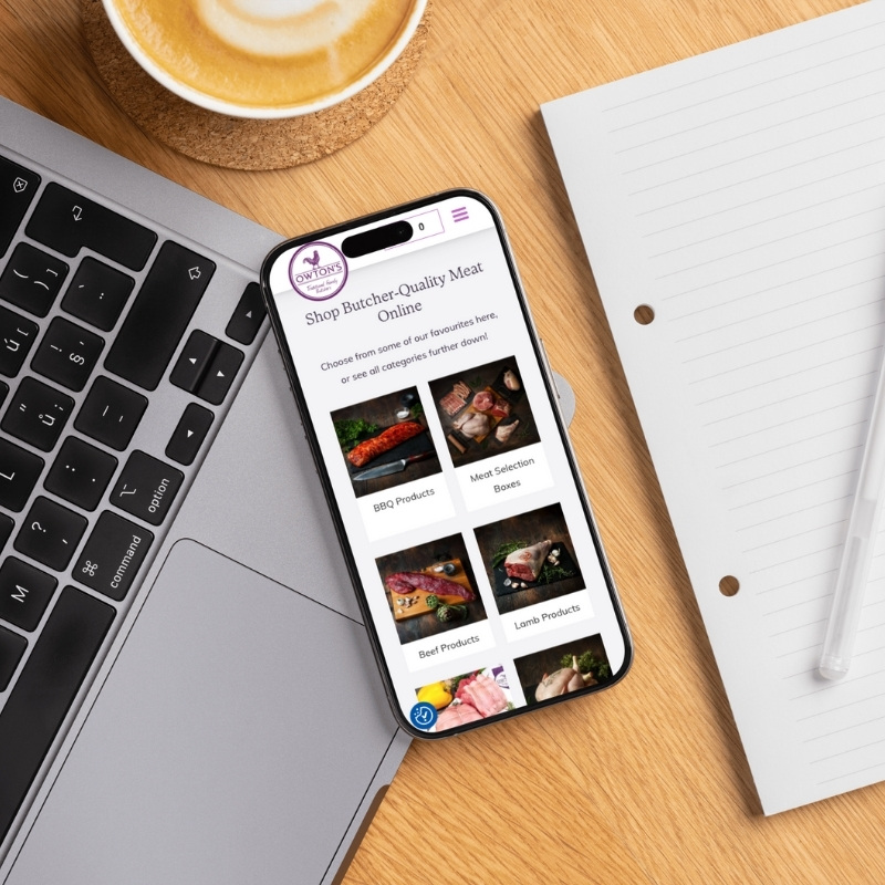 Smartphone screen mockup showing the Owtons website design.