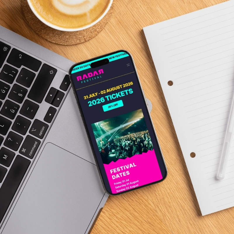Smartphone screen mockup showing the Radar Festival website design.