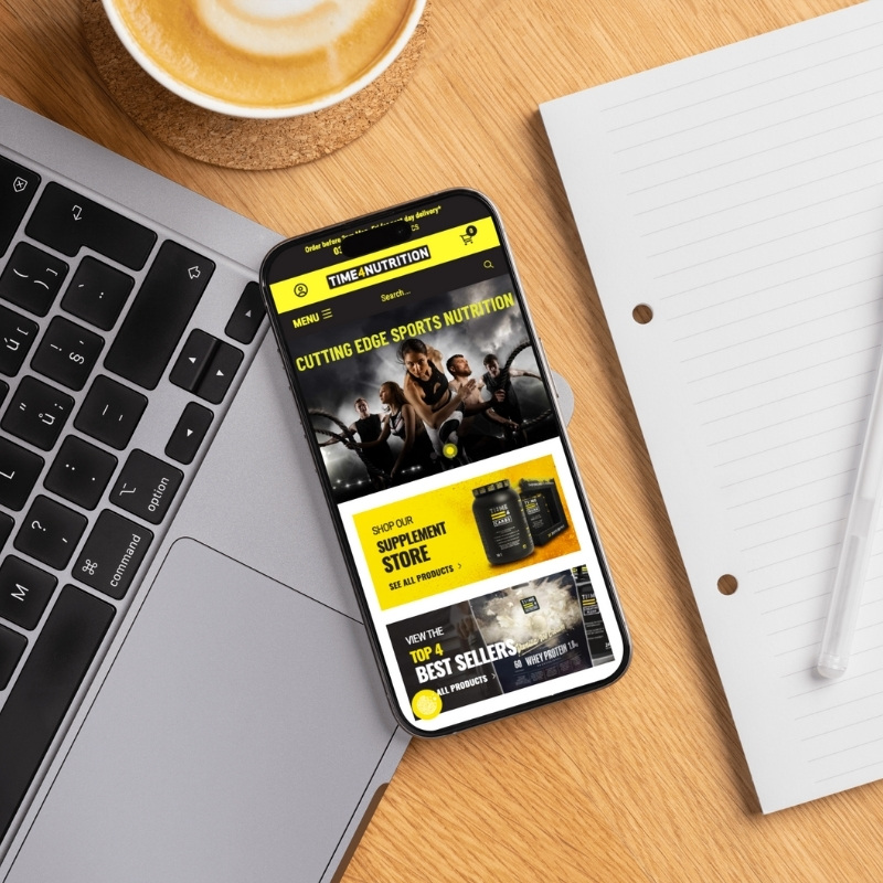 Smartphone screen mockup showing the Time4Nutrition website design.