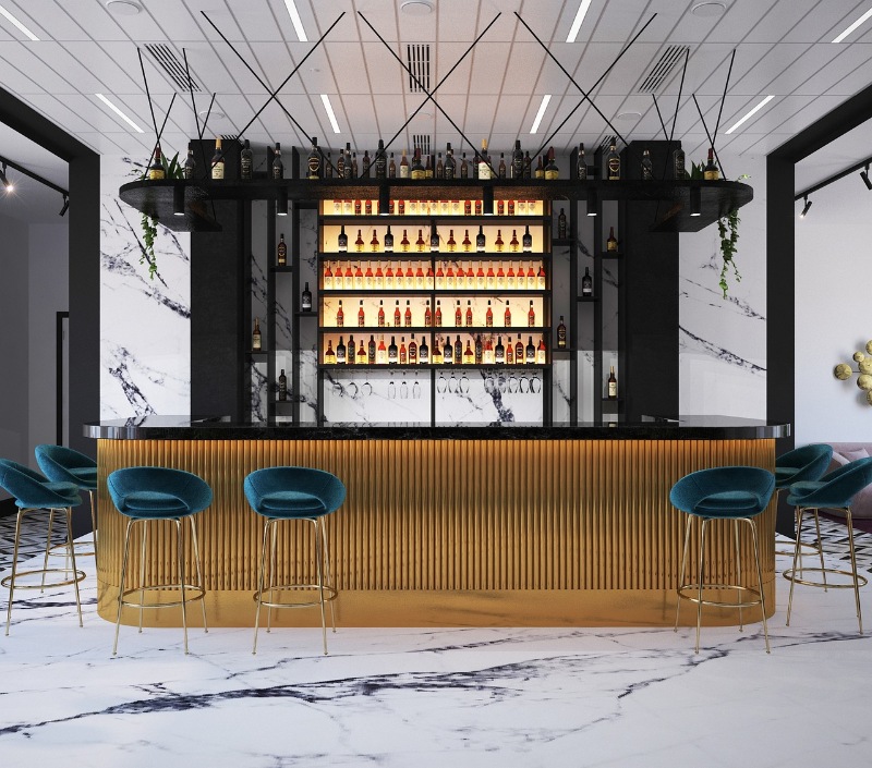 Contemporary bar interior with wooden stools and a sleek counter.