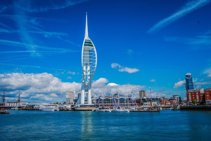 Spinnaker Tower rising over the Portsmouth waterfront.