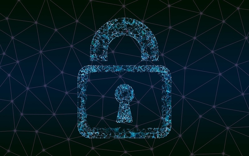 Digital lock symbol on a blue background representing cybersecurity.