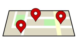 Map with red location pins marking multiple points of interest.