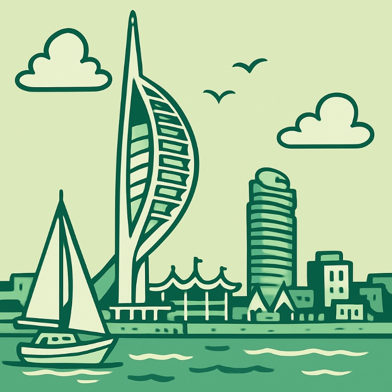 Cartoon illustration in 1950s rubber hose style of Gunwharf Quays in Portsmouth, Hampshire.