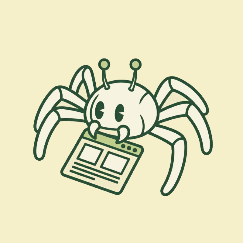 Cartoon illustration in 1950s rubber hose style of a search engine spider crawling a website.